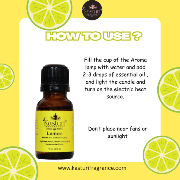 Kasturi Fragrance, Diffuser Essential Oil 15 ml, Lemon, Premium Fragrance