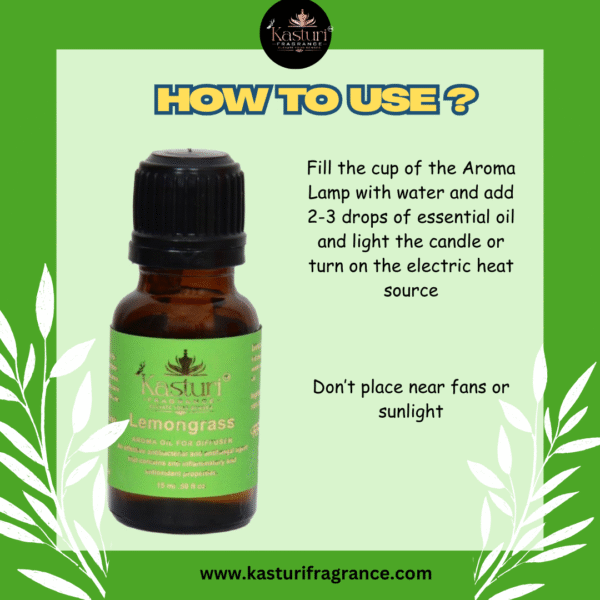Kasturi Fragrance, Diffuser Essential Oil 15 ml, Lemongrass , Premium Fragrance