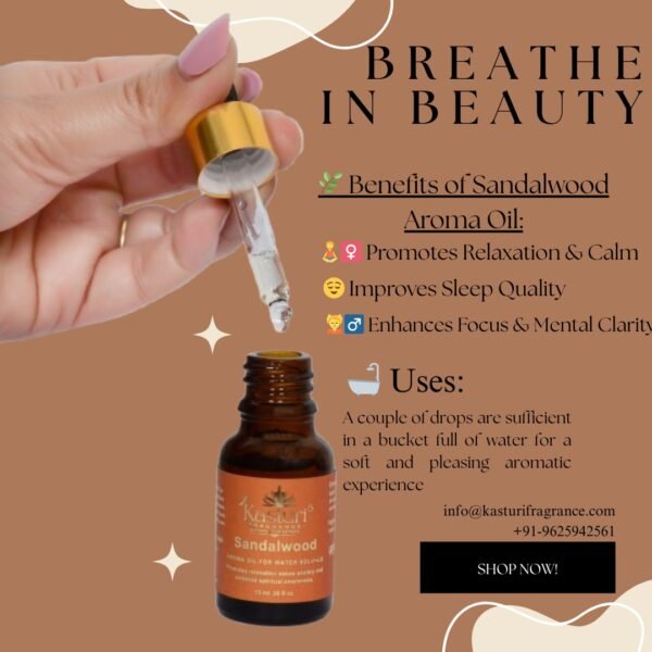 Kasturi Fragrance , Bath Essential Oil 15 ml, Sandalwood , Premium Water Soluble Fragrance